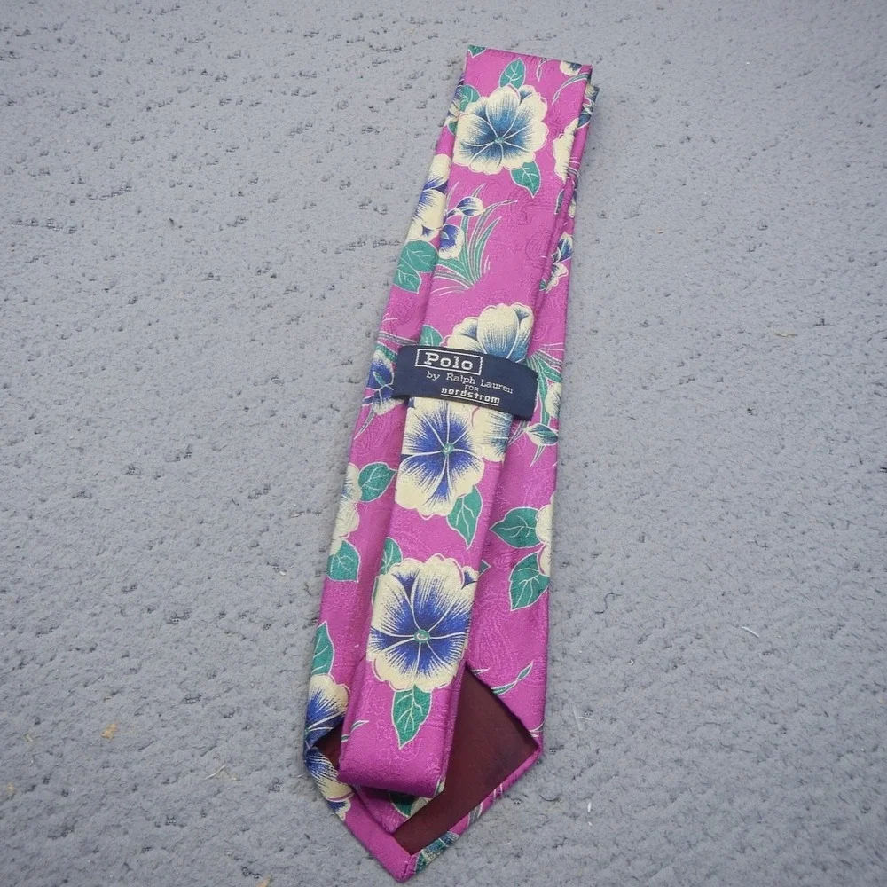 Vintage Polo Ralph Lauren Tie Pink Floral Printed Jacquard Silk Wide Classic USA
